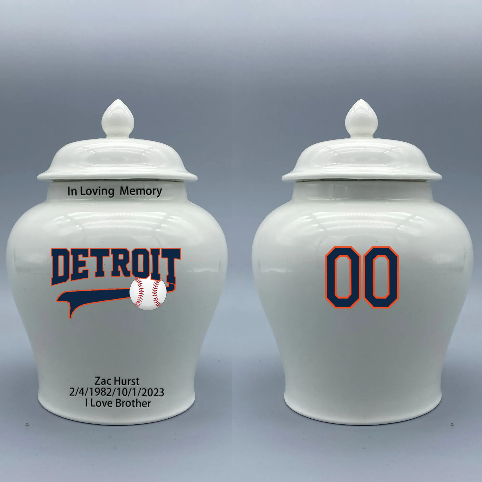 

Medium Urn for Detroit Tigers-themed Logo Urn.Please send me the customize information-name/date and number on the urn