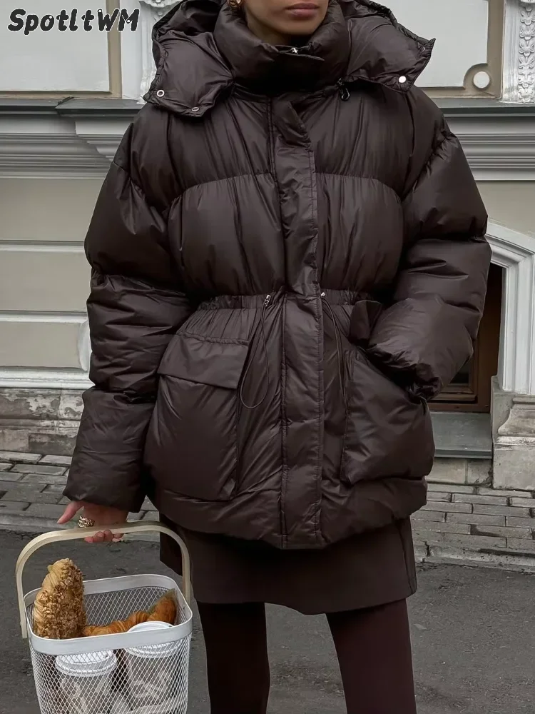 Winter Warme Kapuze Verdicken Baumwolle Jacken Frauen Kordelzug Taschen Stepp Zipper Mäntel 2025, Mode Neue Casual Straße Oberbekleidung