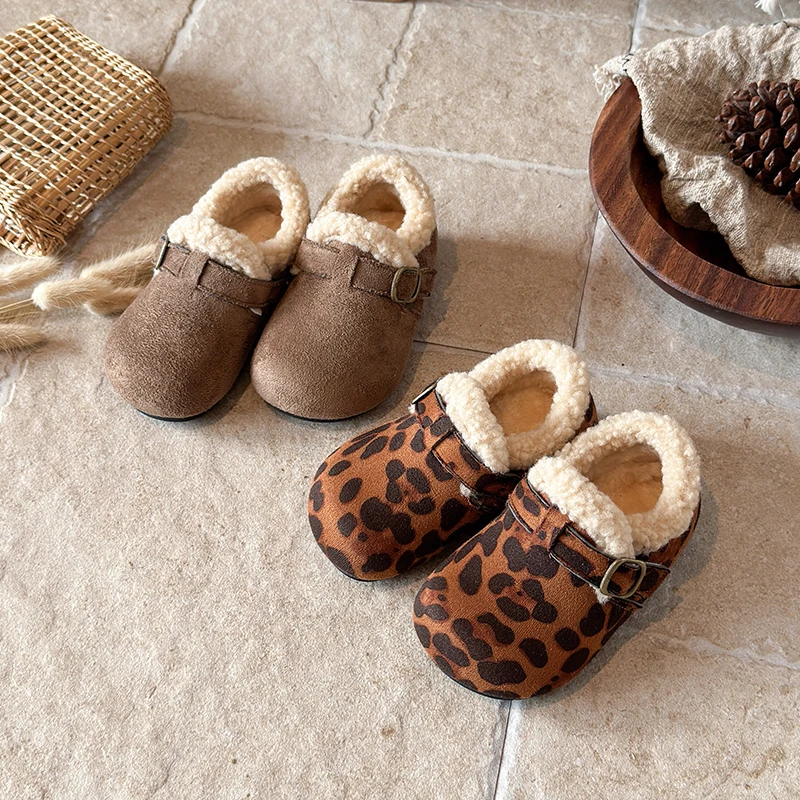 2026 Winter New Children's Shoes with Velvet Warm Leopard Pattern Cotton Shoes for Girls Fashion Versatile Casual Shoes