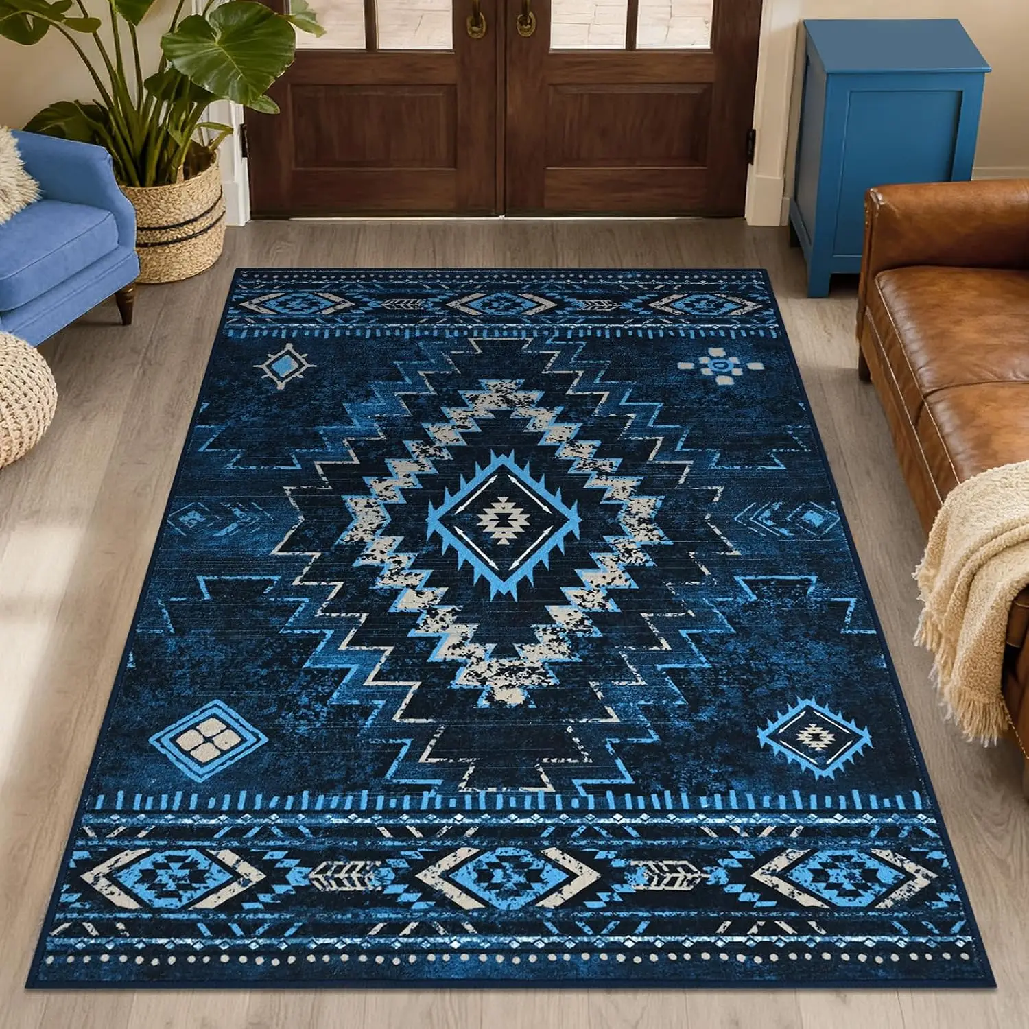 Navy Blue Western Aztec Moroccan Washable Rug, Soft Non-Slip Carpet for Entryway Bedroom Office Decor