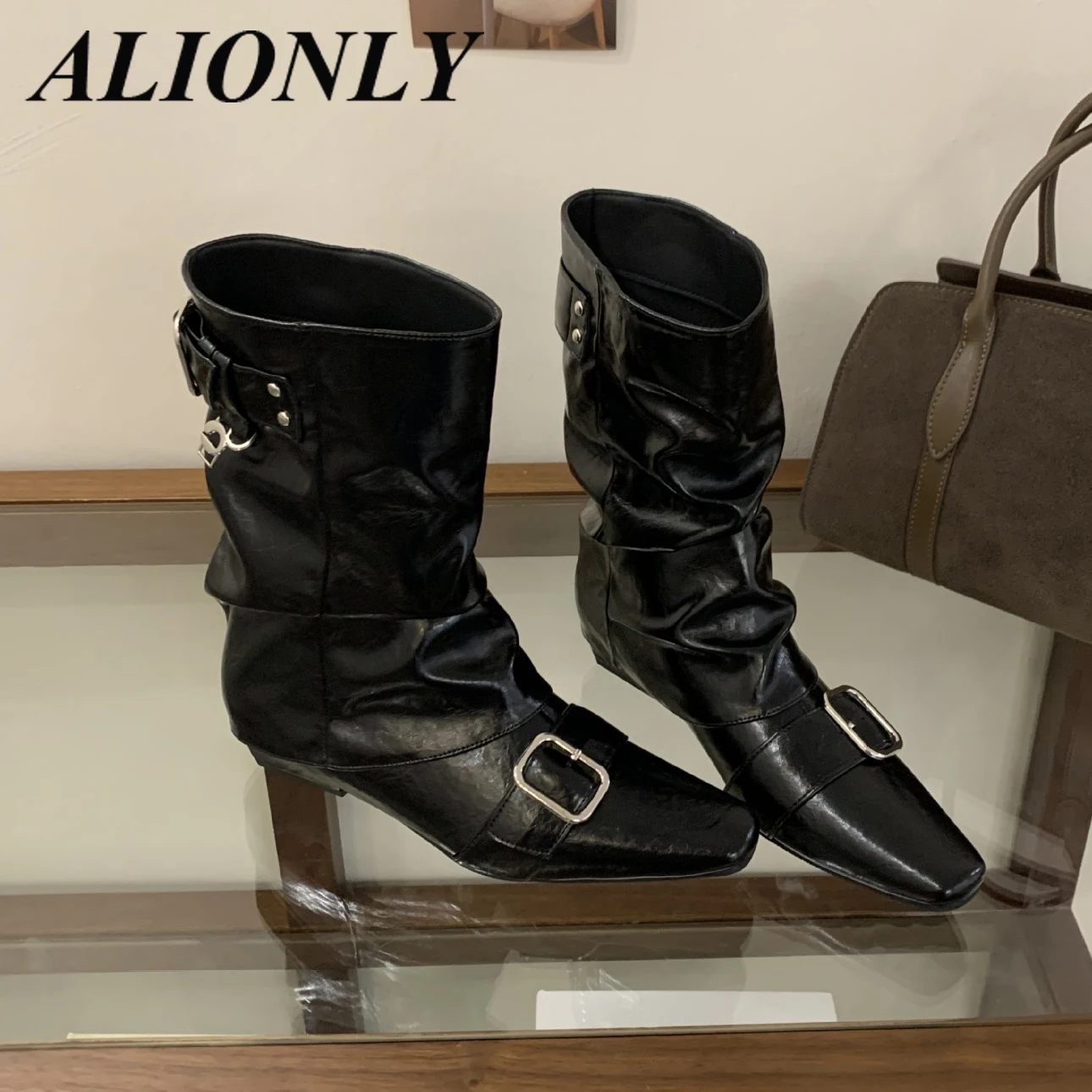 

Alionly 2026 New Design Belt Buckle Ankle Boot Women Fashion Pointed Toe Zipper Thin Low Heels Banquet Party Female Shoes