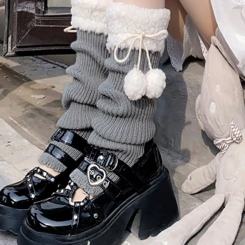 Шерстяные вязаные чехлы для ног, теплые вязаные носки в японском стиле Лолиты, зимние теплые носки, гетры с шариками для женщин