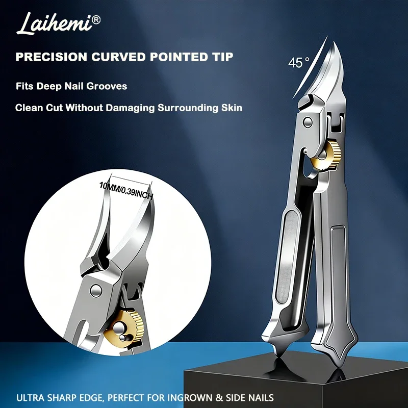 Laihemi Ingrown Toenail Clipper Set, Foldable 45°Curved Stainless Steel with File & Leather Case for Thick Hard Nails