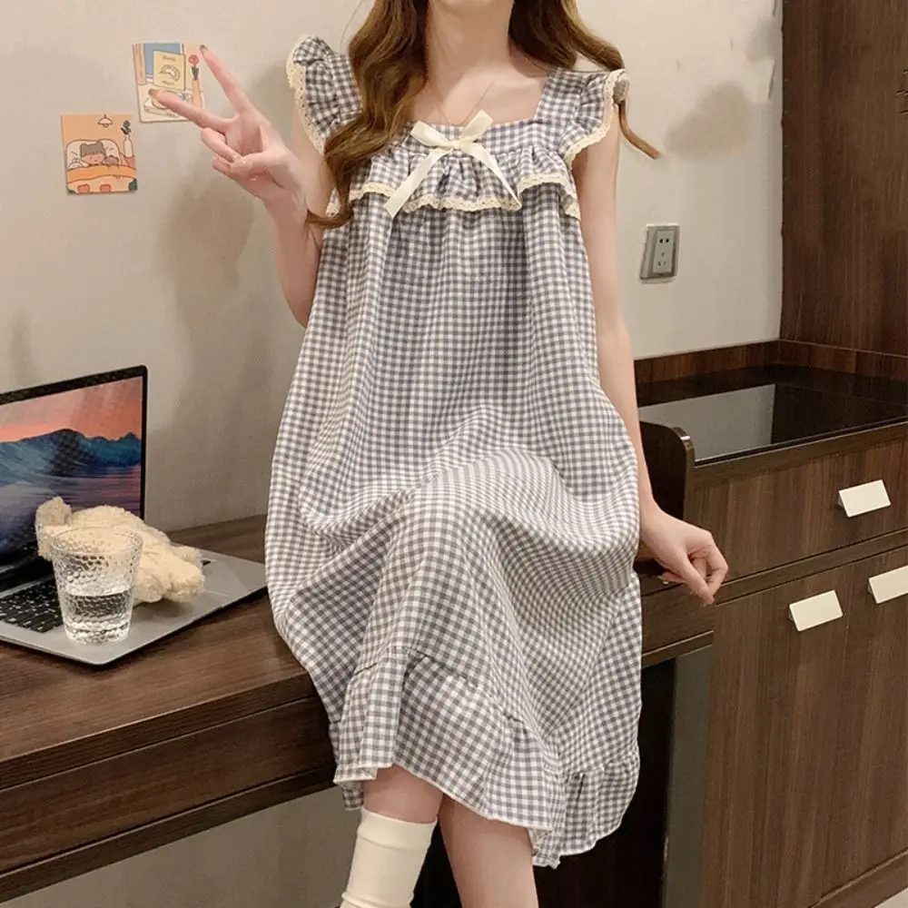 

Casual Lace Ruffle Women's Grid Pajama Dress Bowknot Loose Sleeveless Nightdress Sleepwear Sweet Nightgowns with Pads Club