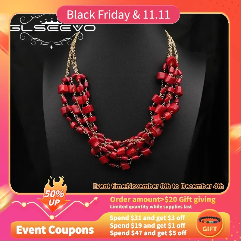 GLSEEVO Multi-layered Red Coral Chain Necklace For Woman Vintage Personality High Quality Jewelry Luxury Women's Accessories