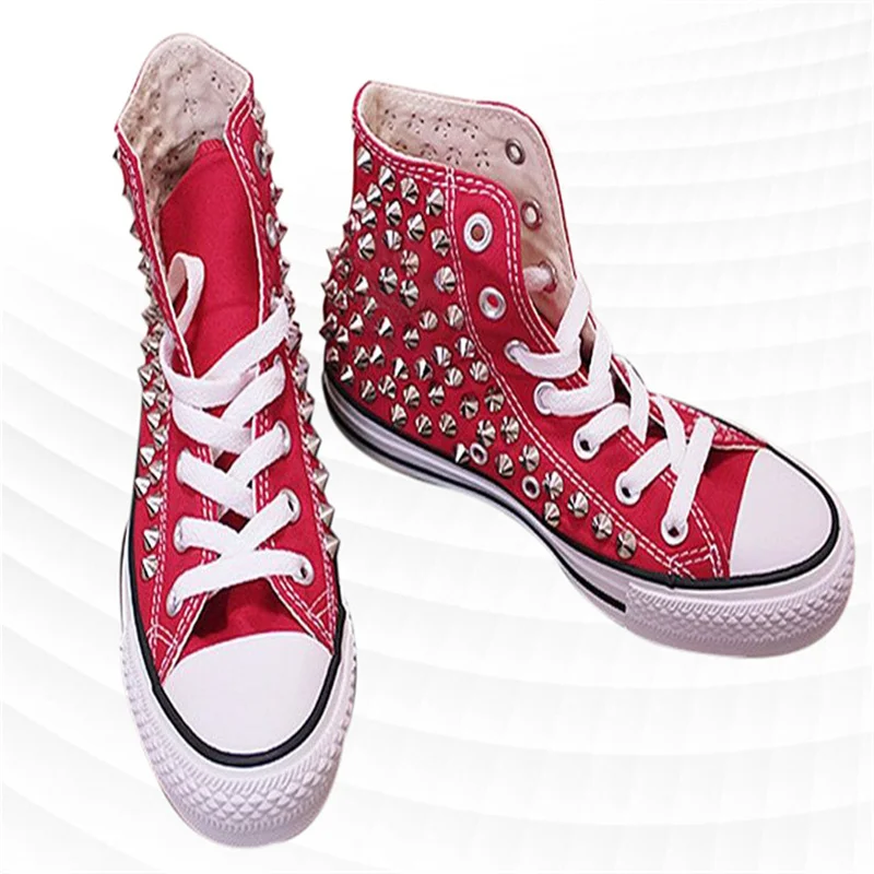 Zapatos de lona rojos creativos punk hip hop con remaches, zapatillas informales con cordones de talla grande para hombres y mujeres 35-46