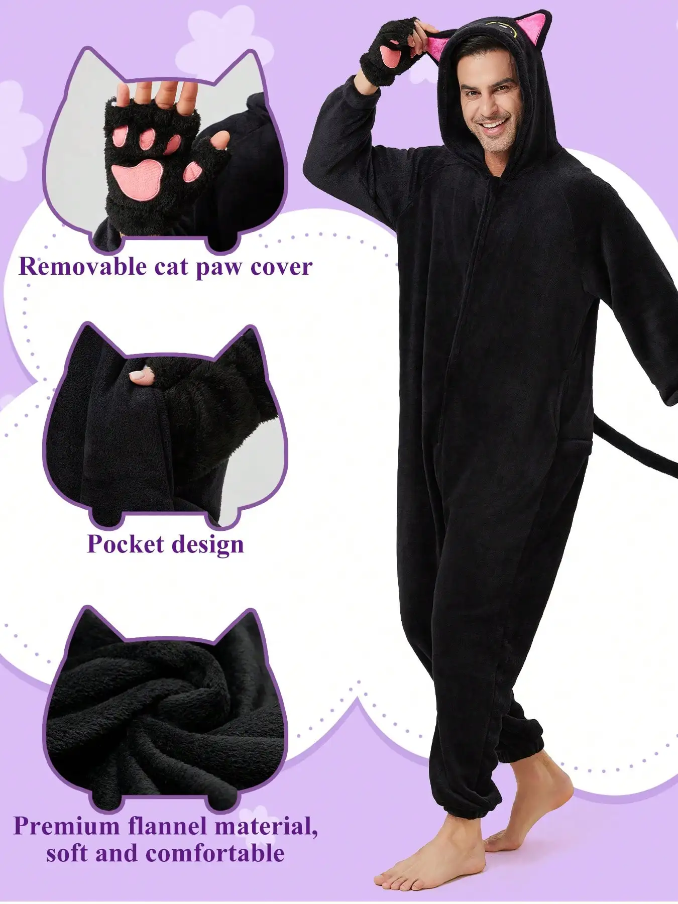 Adult black cat jumpsuit pajamas cat paw gloves couple outfit cosplay cute cat dressing up for men and women