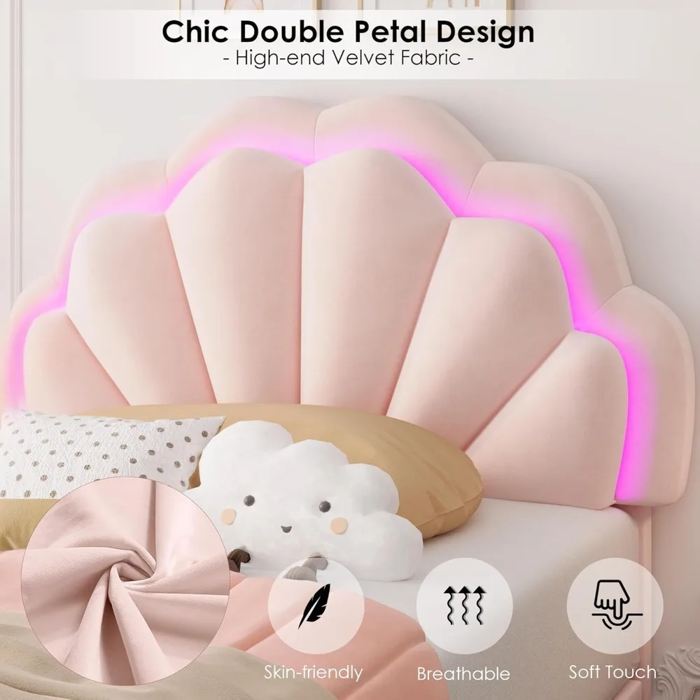 Tempat tidur hifit twin berlapis kain dengan lampu LED pintar, laci penyimpanan, dan sandaran kepala bergaya petal ganda yang dapat disesuaikan, tempat tidur platform putri