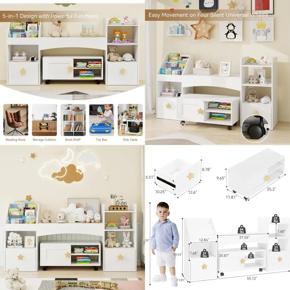 

Children's 55 Bookshelf with Reading Corner, Desk, and Storage for Toys, 6 Cubbies, Cabinet on Wheels for Kids' Rooms, Play Area