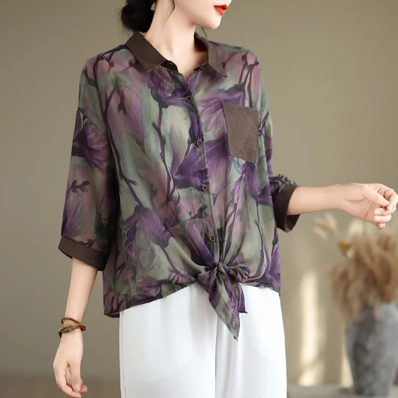 2024 Summer New Arts Style Women Half Sleeve Turn-down Collar Loose Shirt Vintage Print Lightweight Chiffon Blouse Tops P696