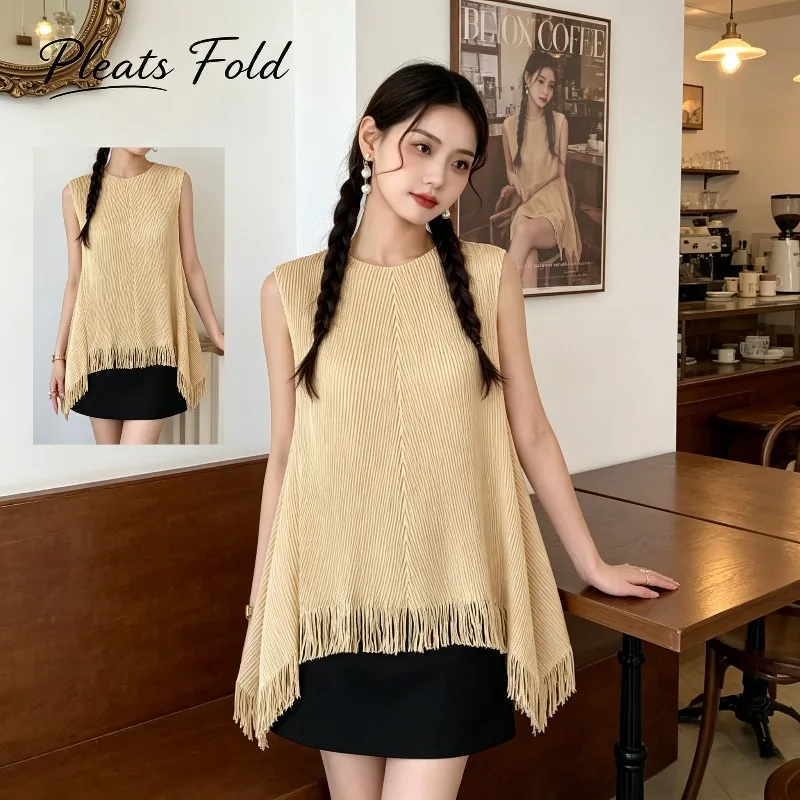 Miyake Pleated 2026 Summer New Original Sleeveless Vest Fringed Top Loose Plus Size Tummy Covering Slimming Solid Color T-Shirt
