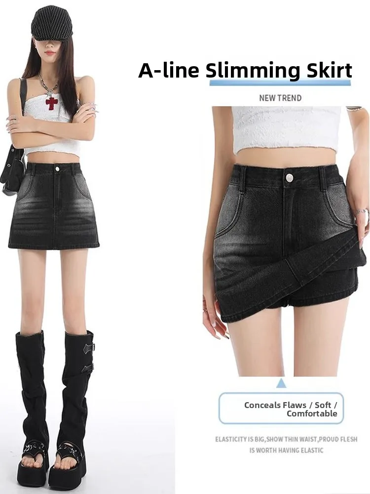Summer Sexy Short Denim Skirt Women's Loose Slimming Prevent Exposure A-Line  Skirt High Waist Cotton Blend Fabric