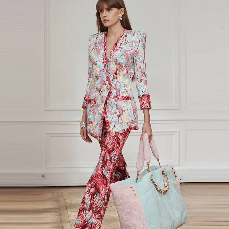 

2025 New Faion Star Feather Print Lapel Jaet Seven Sve Micro Flare Pants Women's Suiting Set Long Sve Summer Outfit
