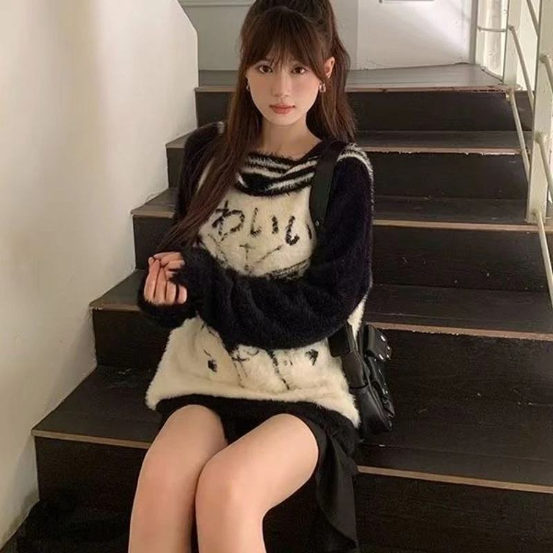 سترات نسائية على طراز ديبتاون بريبي كاواي على الطراز الياباني بياقة بحاري سترات هاراجوكو بلوفرات محبوكة دافئة كبيرة الحجم #6