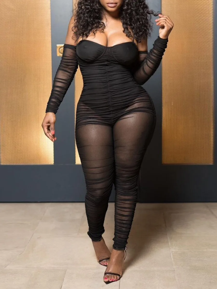 

LW Sexy Plus Size Jumpsuit Ruched See Through Jumpsuit Mesh Sheer Ruched Jumpsuit Skinny Night Club Full Sleeve One Piece Outfit