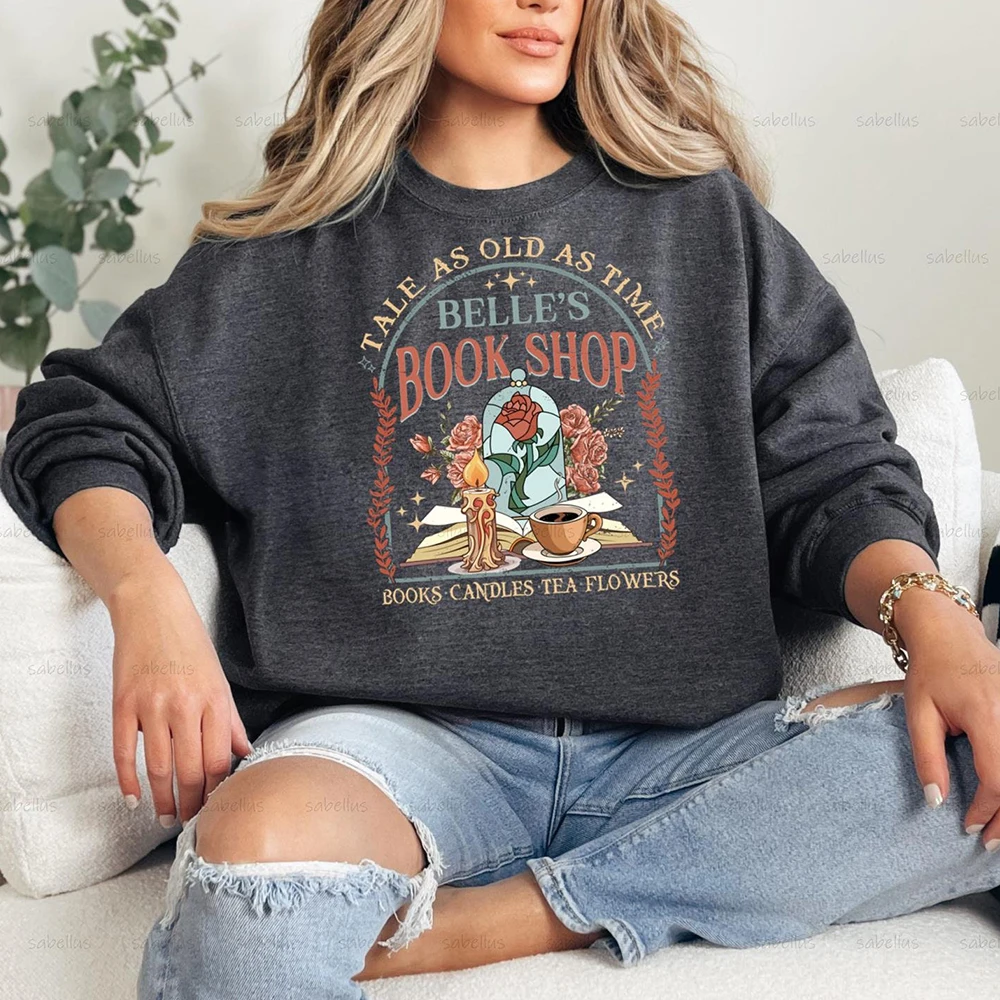 Vintage Retro Belle's Book shop Shirt Tale as old as time Beauty and The Beast Comfort Fleece Sweatshirt Crewneck Y2K Streetwear