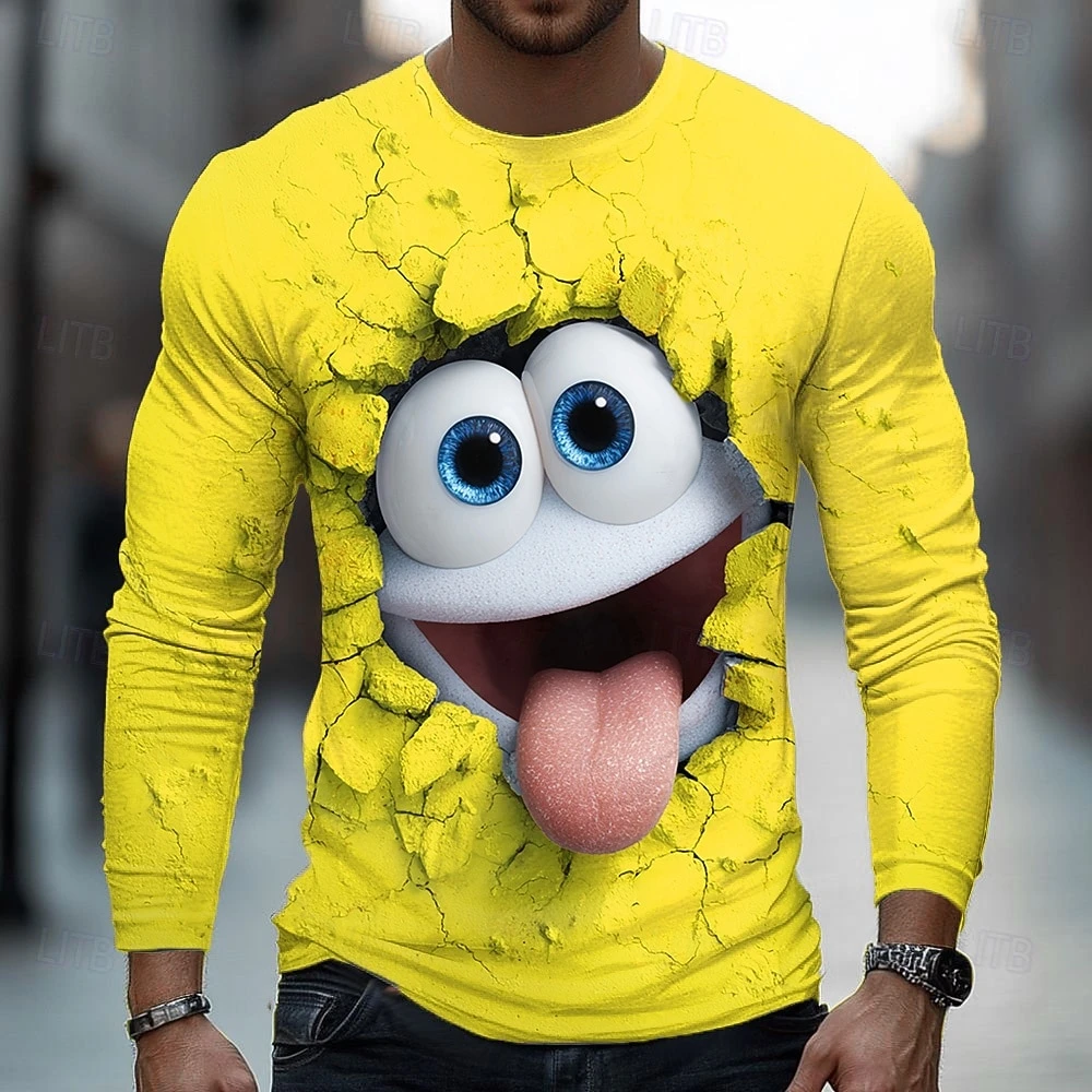 Men's 3D Funny Emotes Face T Shirt Long Sleeve T Shirt 3D Print Smile Crew Neck Shirt  Exaggerated Street Spring Fall Clothing