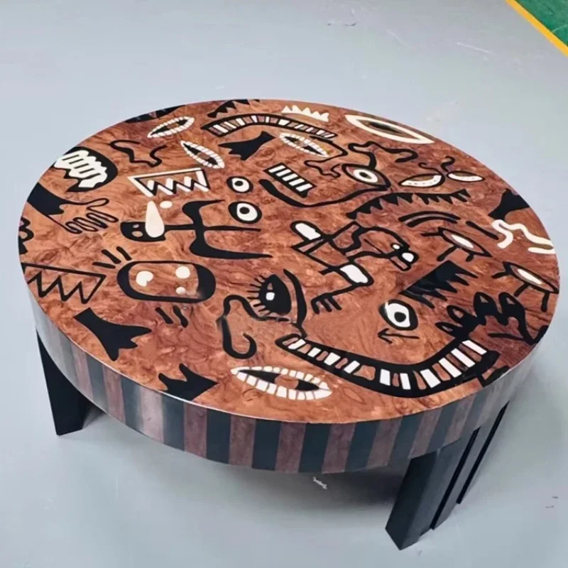 

Solid wood medieval painting art coffee table creative painting living room senior round coffee table household parquet table