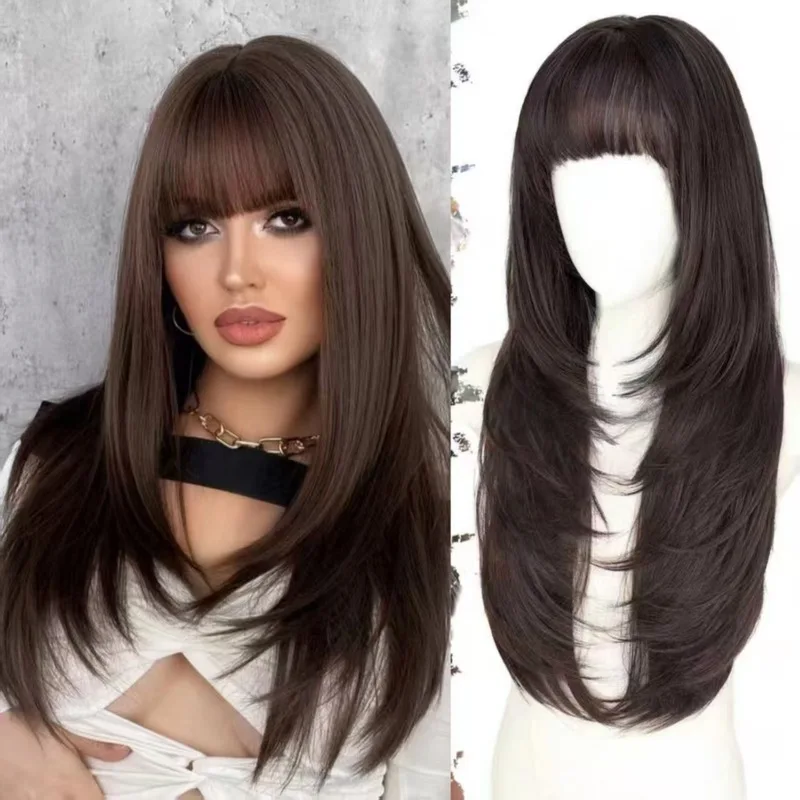 Women's wig, brown with bangs, high-layered long straight synthetic hair wig