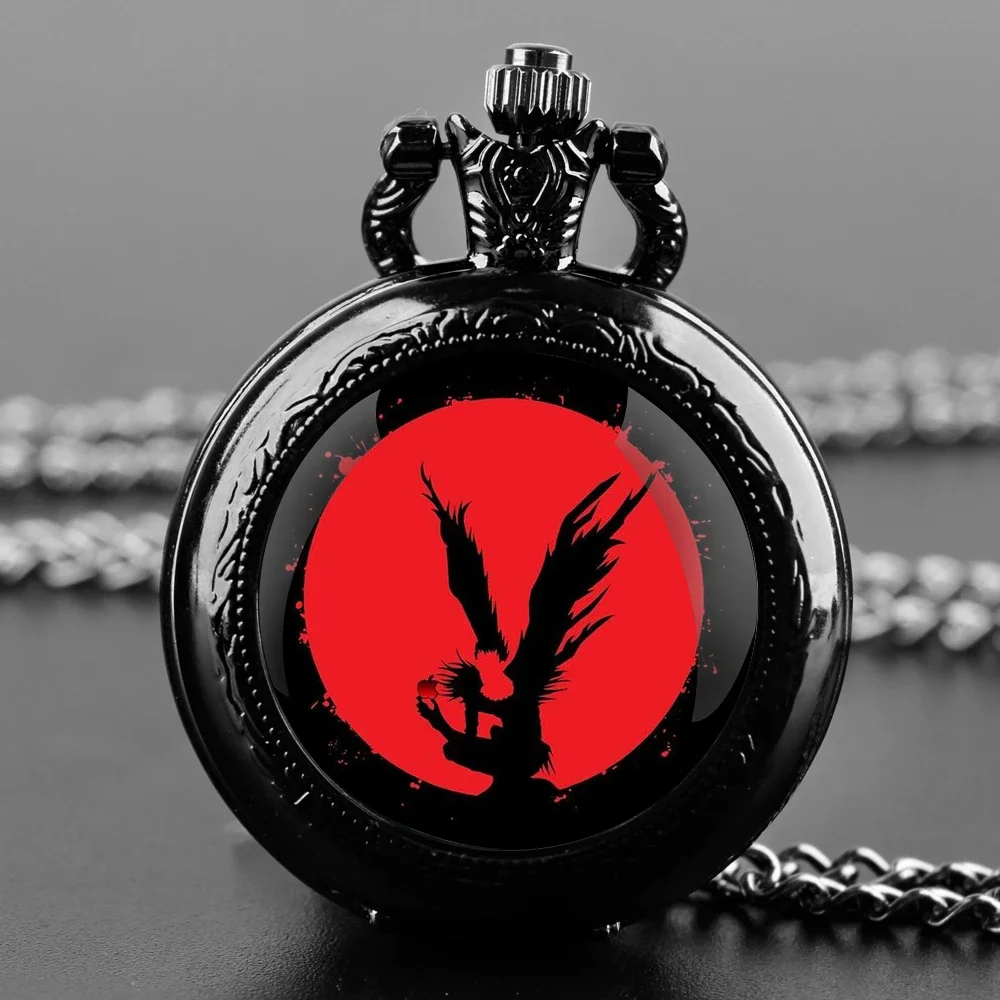 Reloj de bolsillo de cuarzo con silueta oscura de luna roja, diseño de nota de muerte, collar con cúpula de cristal, reloj colgante para hombres y mujeres, regalo creativo para estudiantes