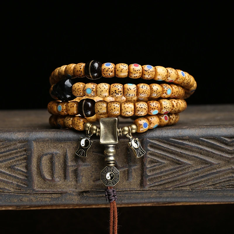 Tibetan-style multi-gemstone inlaid-moon 108-bead Buddhist necklace with agate, Bodhi seed beads, coconut, and