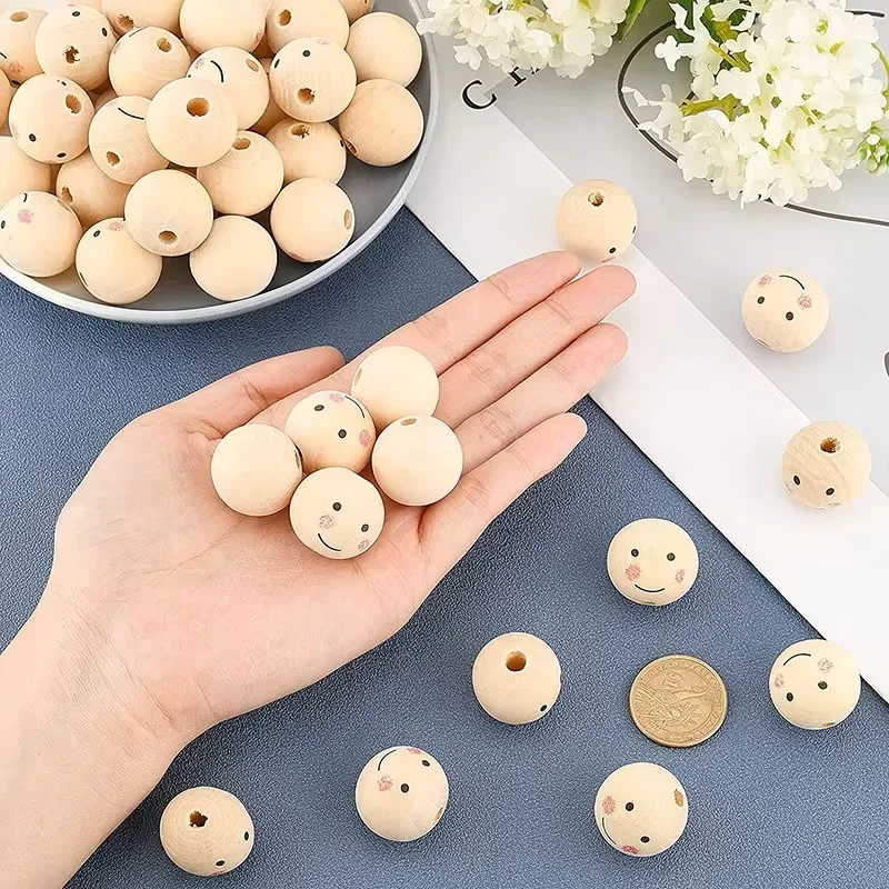 5-50Pcs Smile Face Wooden Beads Natural Wooden Beads Doll Wooden Spacer Beads DIY Key Chain Angel Craft Jewelry Making 10-25MM