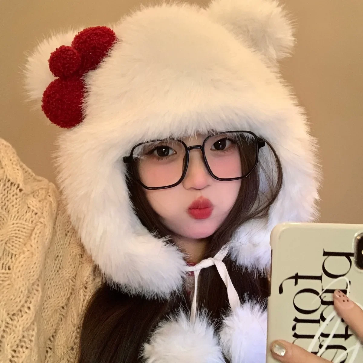 

Korean Sweet Bow Plush Bomber Cap Winter Women Keep Warm Windproof Ear Protection Cute Pom-pom Beanie With Lace