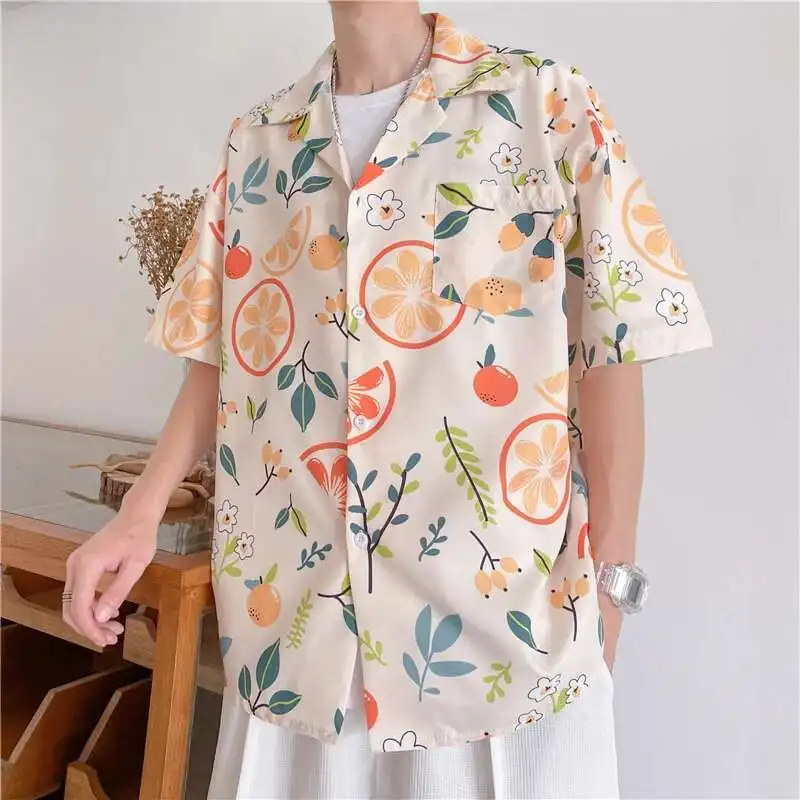 

Fruit Orange Full Print Casual Loose Button Up Shirt Top Men Summer Beach Hawaiian Shirts All-Match Fashion Daily Streetwear