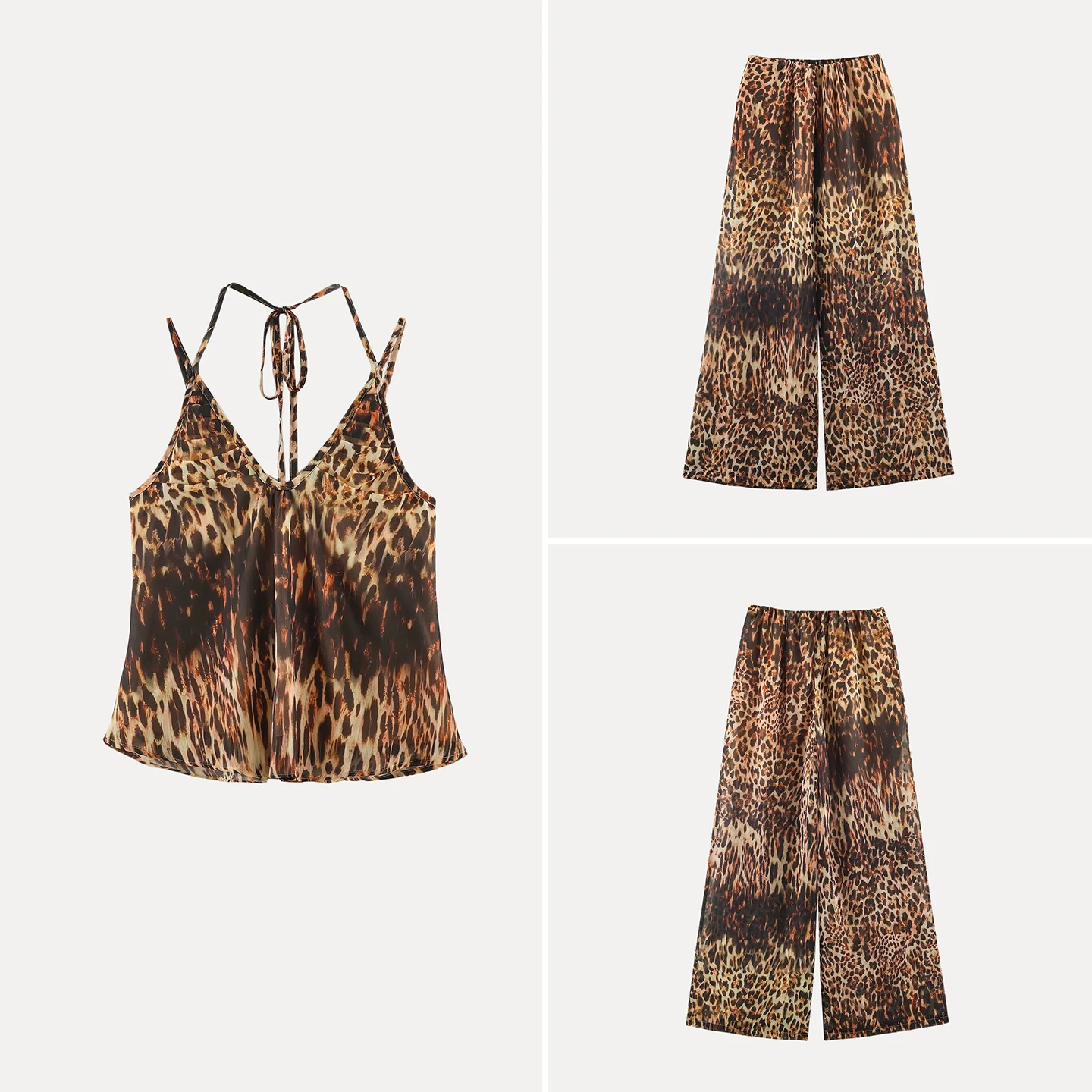 Fashionable Leopard Print Halter Top And Pants Two-Piece Set Women's Autumn Collection Sexy Versatile Personalized Ensemble