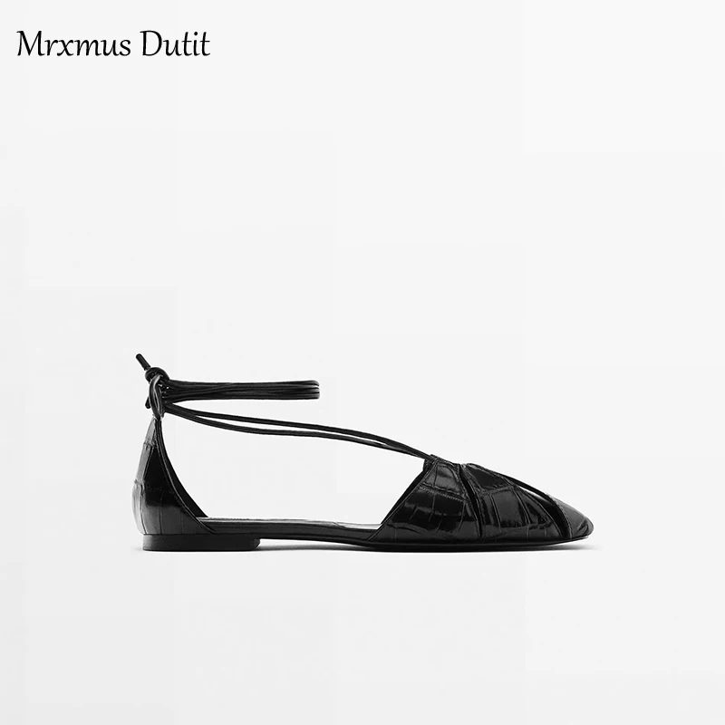 Mrxmus Dutit Fashion Sandals 2023 Summer New Black Hollow Design Strap Leather Flat Sandals