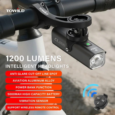 Lanterna Inteligente para Bicicleta TOWILD CL1200 com Controle Remoto, Bateria de 5000mAh, Recarregável Tipo-C, Farol para Bicicleta de Estrada e MTB, IPX6