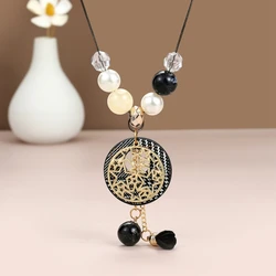 PU Leater Flower Pendants Long Necklaces for Women Vintage Acrylic Beads Sweater Necklace Jewelry Gifts