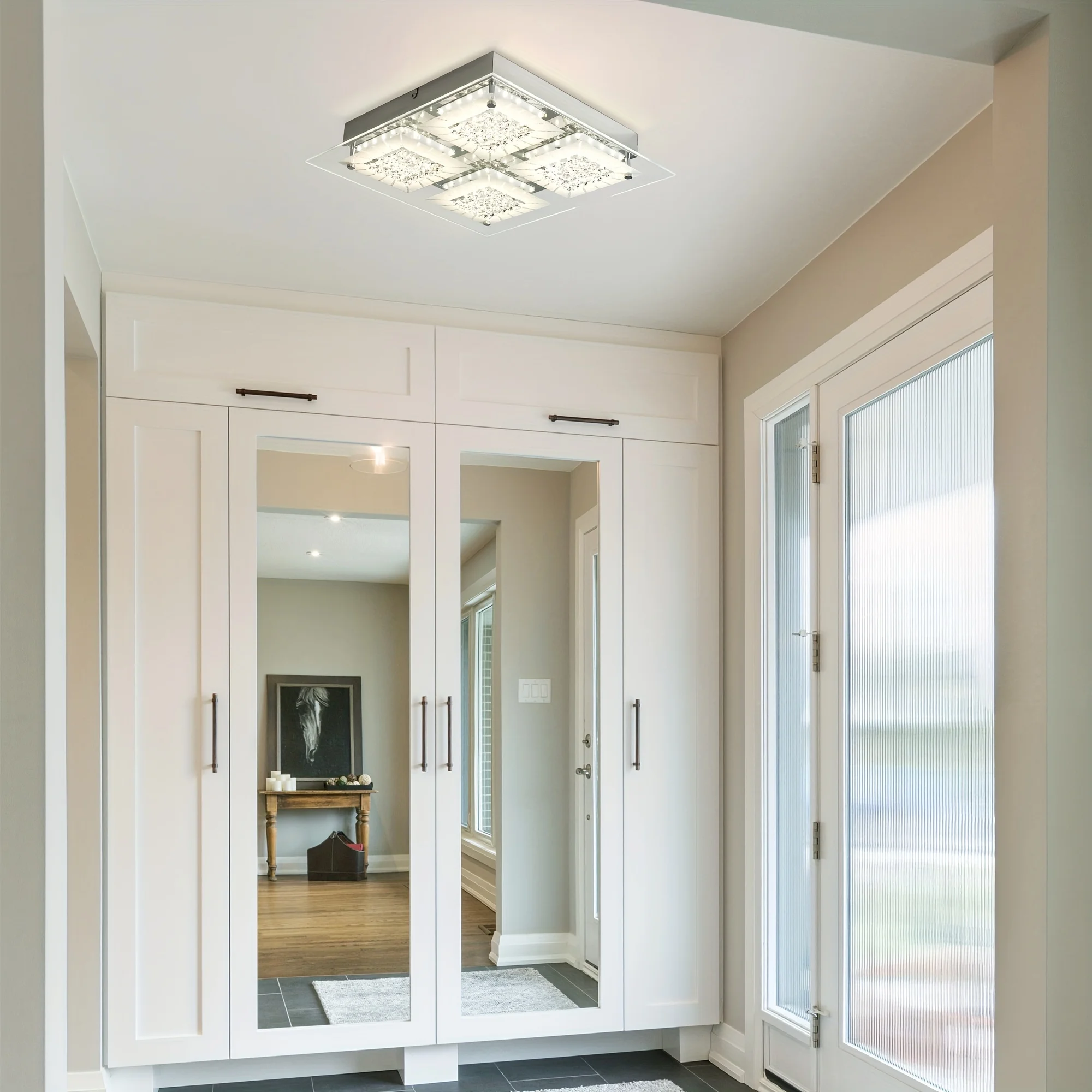 โคมไฟเพดานคริสตัลฟลัชเมาท์ 14 นิ้ว โคมไฟเพดานคริสตัล โคมไฟคริสตัลสี่เหลี่ยม โคมไฟคริสตัลติดเพดาน