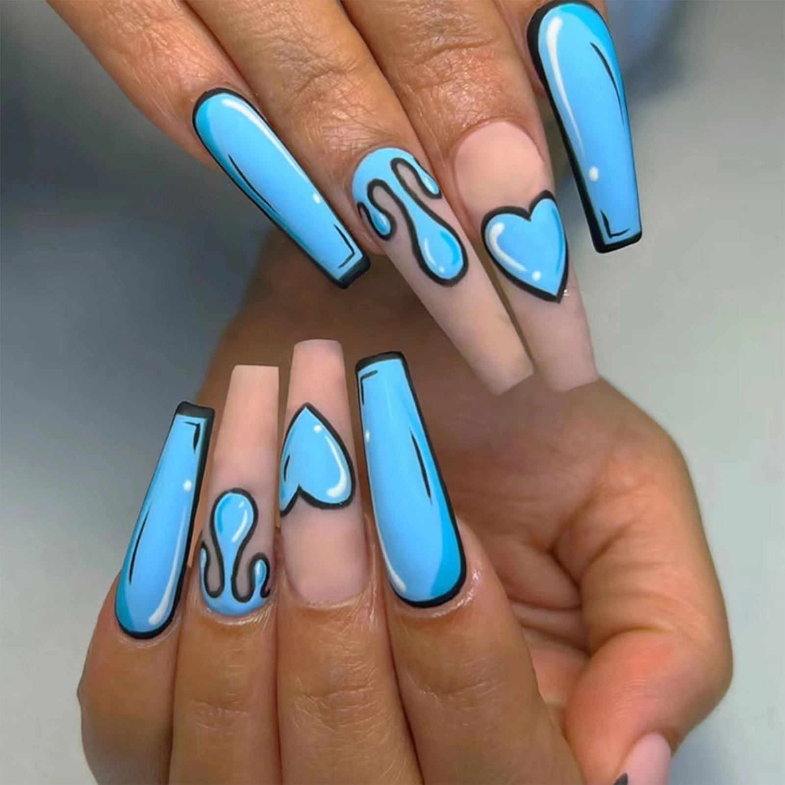 Blue Graffiti Water Drop Fake Nails Lightweight Durable Thin Full Cover Nails for Girlfriends Sisters Wife Friends