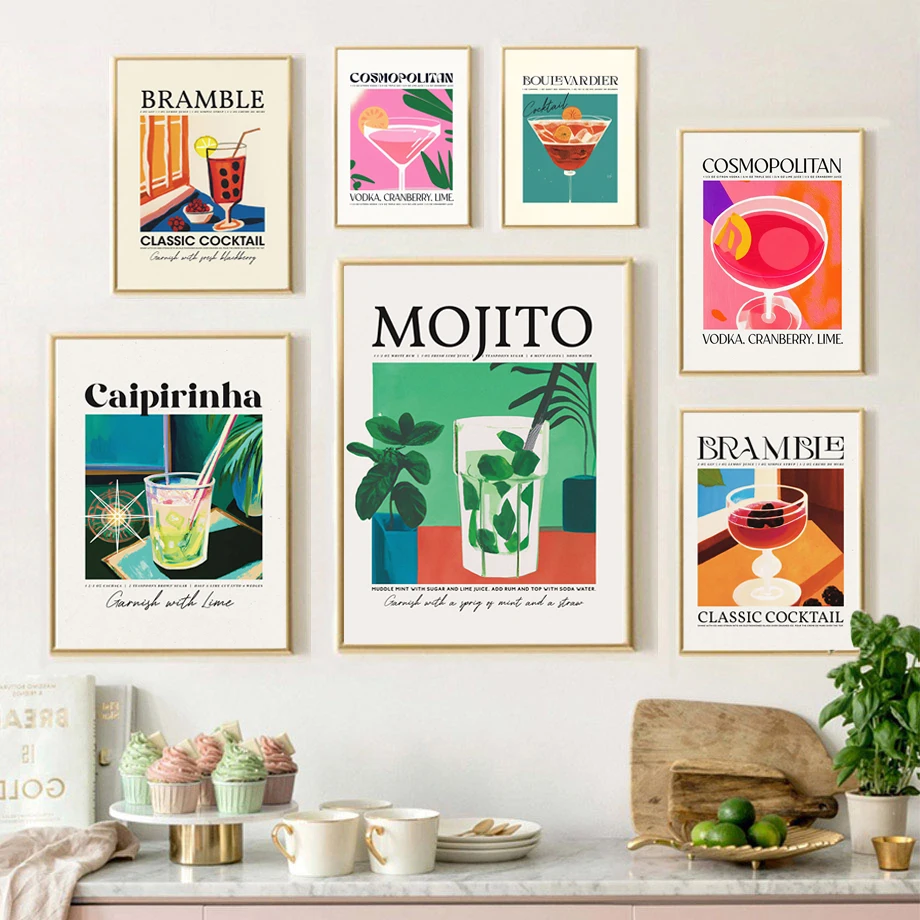 Retro Cocktail Posters Juice Alcohol Drinks Mojito Bramble Wall Art Canvas Painting Print Pictures for Bar Kitchen Home Decor