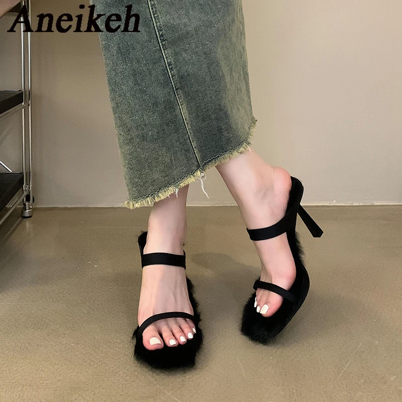 Aneikeh 2024 Square Head Open Toe Thin Heels Sandals Women\'s Elegant Sexy Fur High Heels Shoes Party Dress Zapatos Mules 34-39