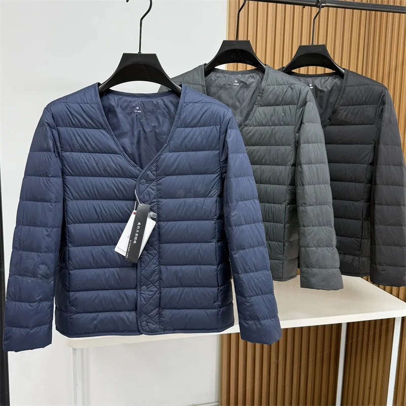 

Men's Faion V-Ne down Jaet 90 Du down Lightweight Warm Casual Sle Polyester Fiber Regular Sve Length Long