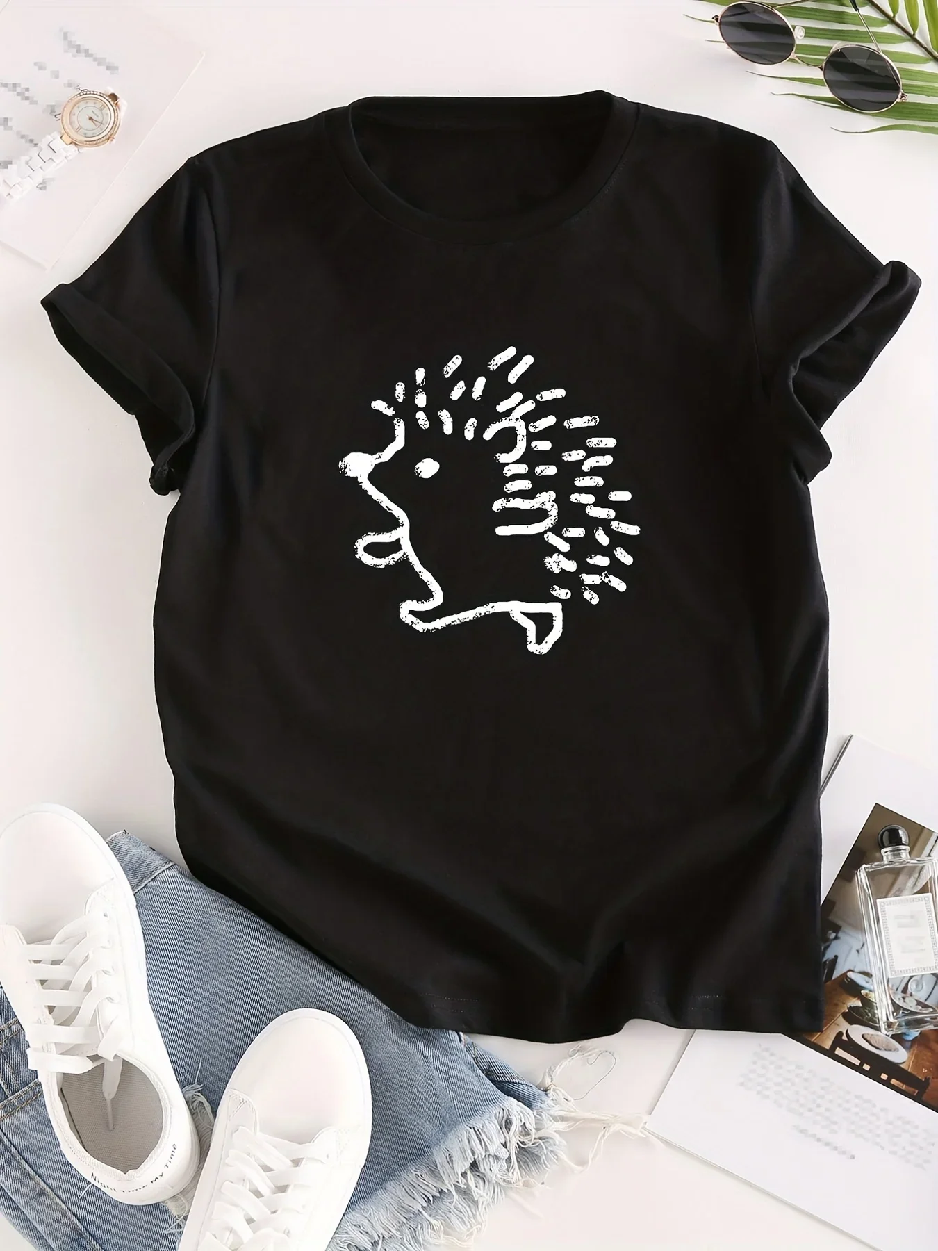 Hedgehog Cartoon Graphic Print Crew Neck T-shirt, Casual Loose Short Sleeve Fashion Summer T-Shirts Tops, Women\'s Clothing