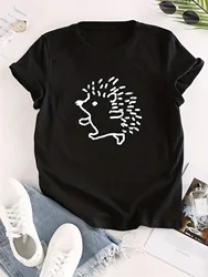 Hedgehog Cartoon Graphic Print Crew Neck T-shirt, Casual Loose Short Sleeve Fashion Summer T-Shirts Tops, Women's Clothing