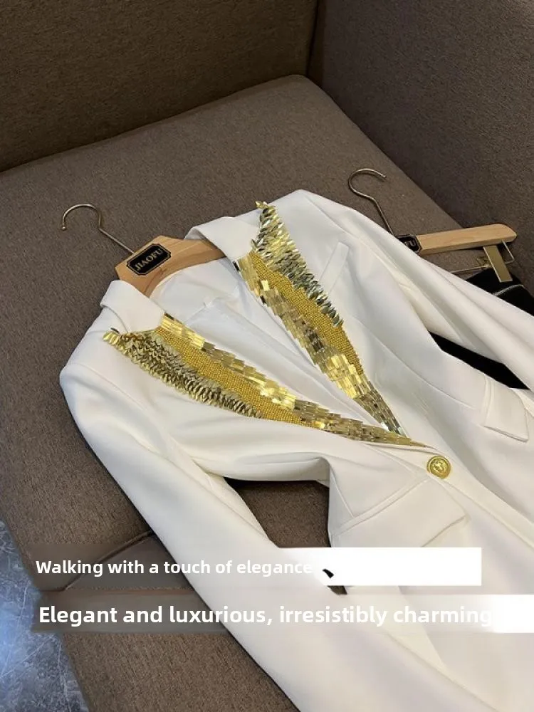 

New 2025 Heavy Metal Embellied One Button Slim Fit Suit Jaet Star Faion Commute Sle Long Sve Double ket A840