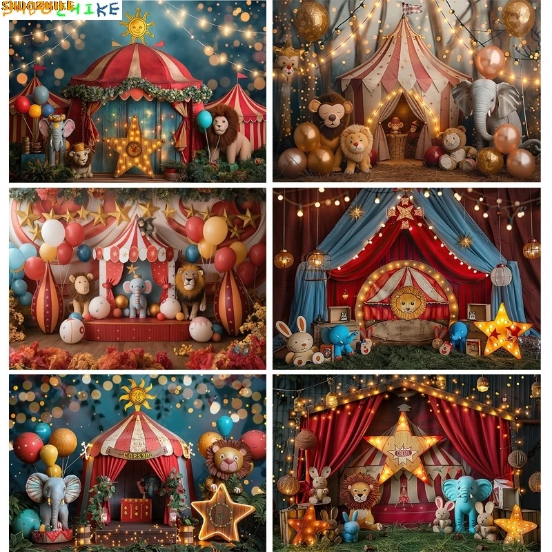 

Circus Tent With Striped Canopy Popcorn Photography Backdrops Balloons Birthday Party Decor Animal Photo Studio Background SD-07