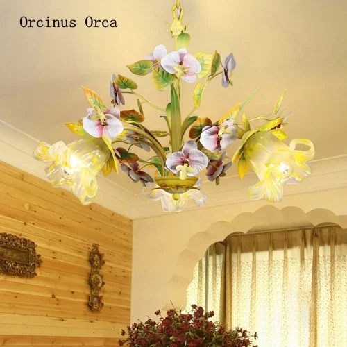 handicraft iron art garden flower and grass chandelier living room Girl Bedroom romantic beautiful butterfly orchid Chandelier