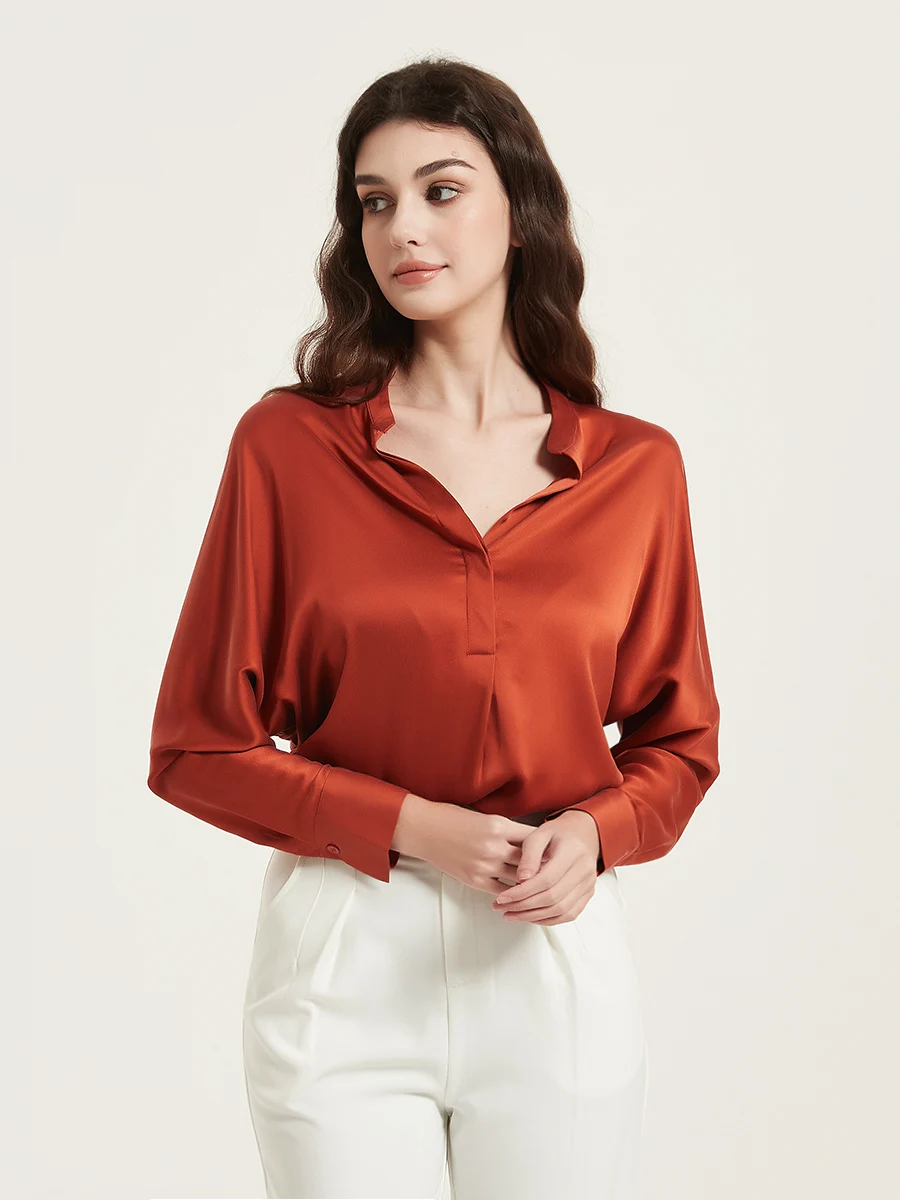 SuyaDream, Women Silk Blouses, 100%Real Silk, V Neck, Raglan Sleeves, Sand Wash Chic Shirts 2024 Spring Summer Office Lady Top