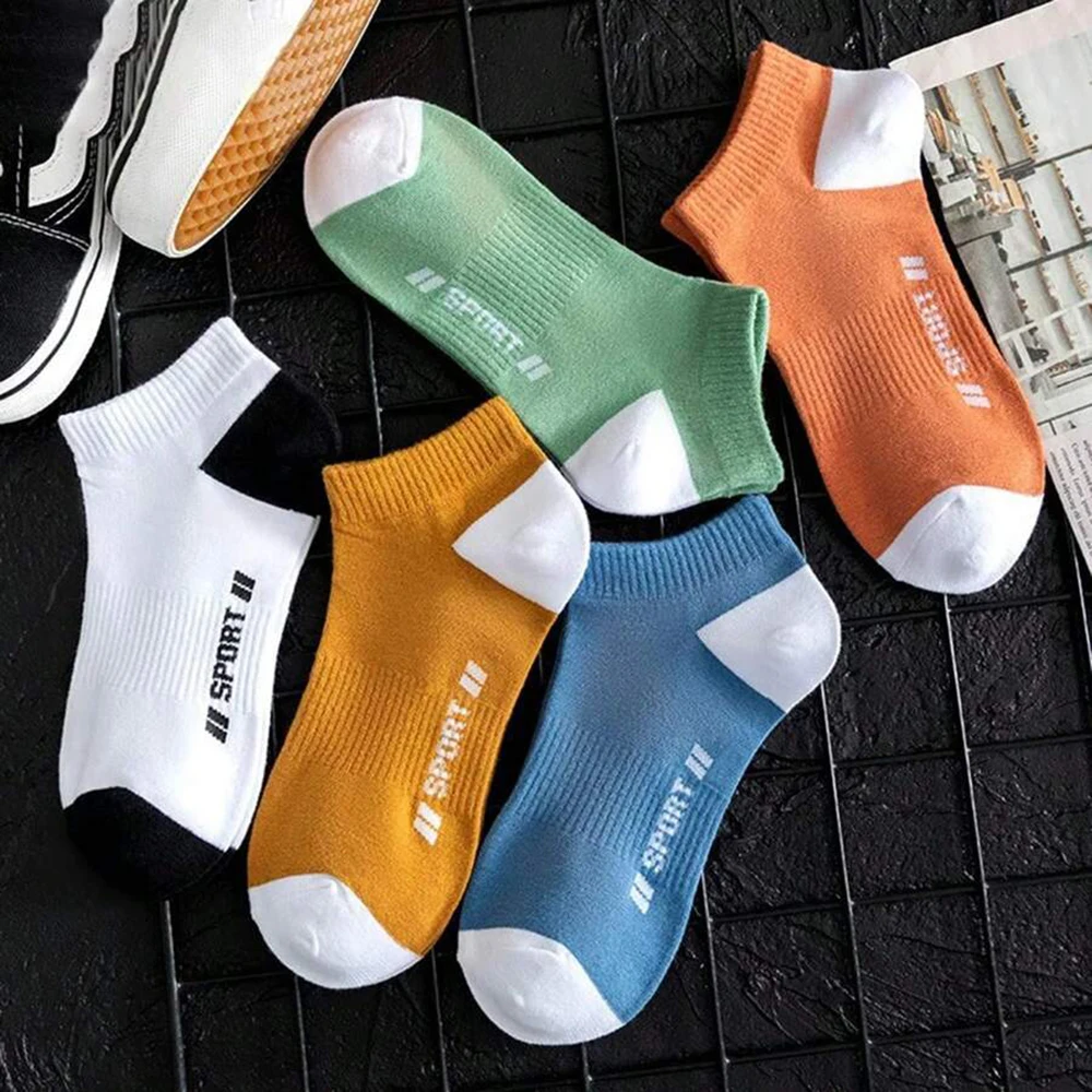 5 Pairs Men Letter Boat Socks Fashionable Vertical Striped Round Neck Socks Breathable Sweat Absorbing Comfortable Casual Socks﻿