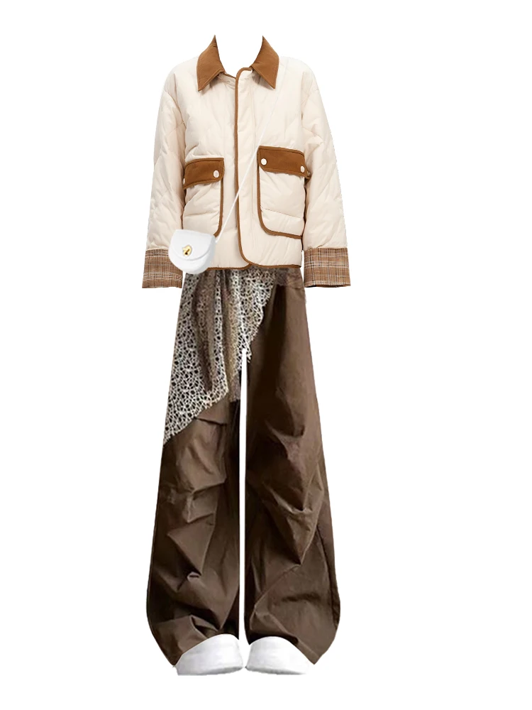 Chaud coton col Jaet couleur Blo tenue d'hiver taille haute jambe large pantalons décontractés Ensemble femmes Faion Ensemble