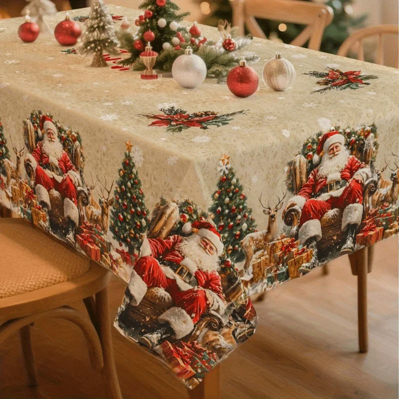 Christmas Santa Elk Pine Tree Rectangle Table Cloth Table Decor Waterproof Kitchen Dining Tablecloth Christmas Decorations