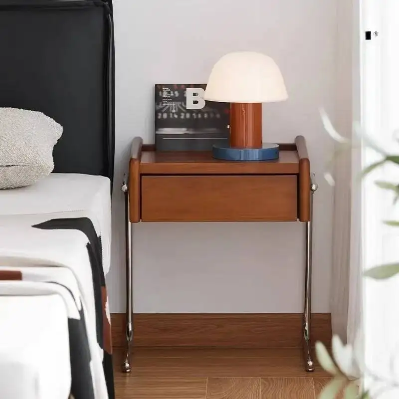 منضدة من الخشب الصلب الحديث العتيق - طاولة جانبية من الفولاذ المقاوم للصدأ عائمة بسيطة لغرفة النوم وغرفة المعيشة #1