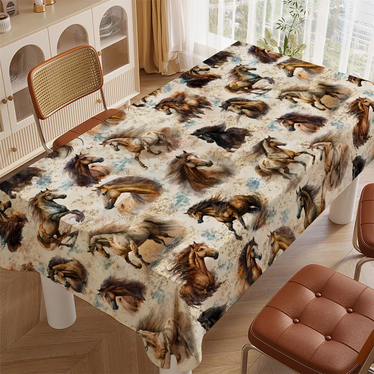 New Artistic Fengjiama Tablecloth - Ink-Wash Style Running Horse Print - Elegant Decorative Tablecloth for Home Use