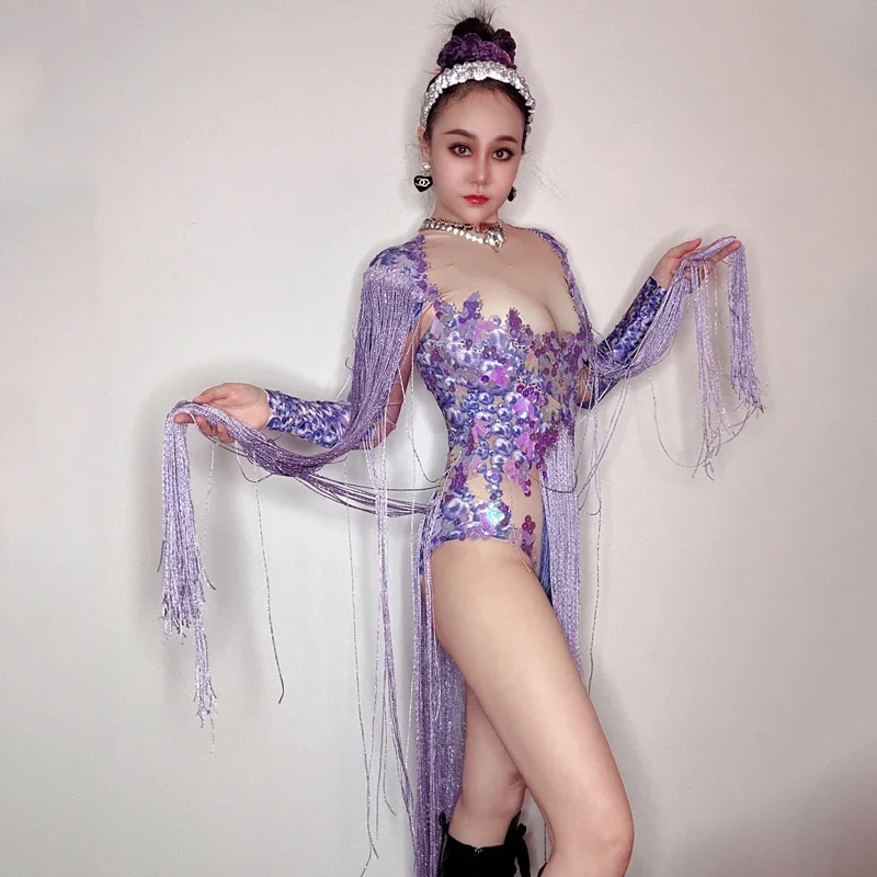 Paillettes frange lunghe body donna Pole Dance Outfit Nightclub Dj Ds Stage Wear Gogo Costume viola strass tuta