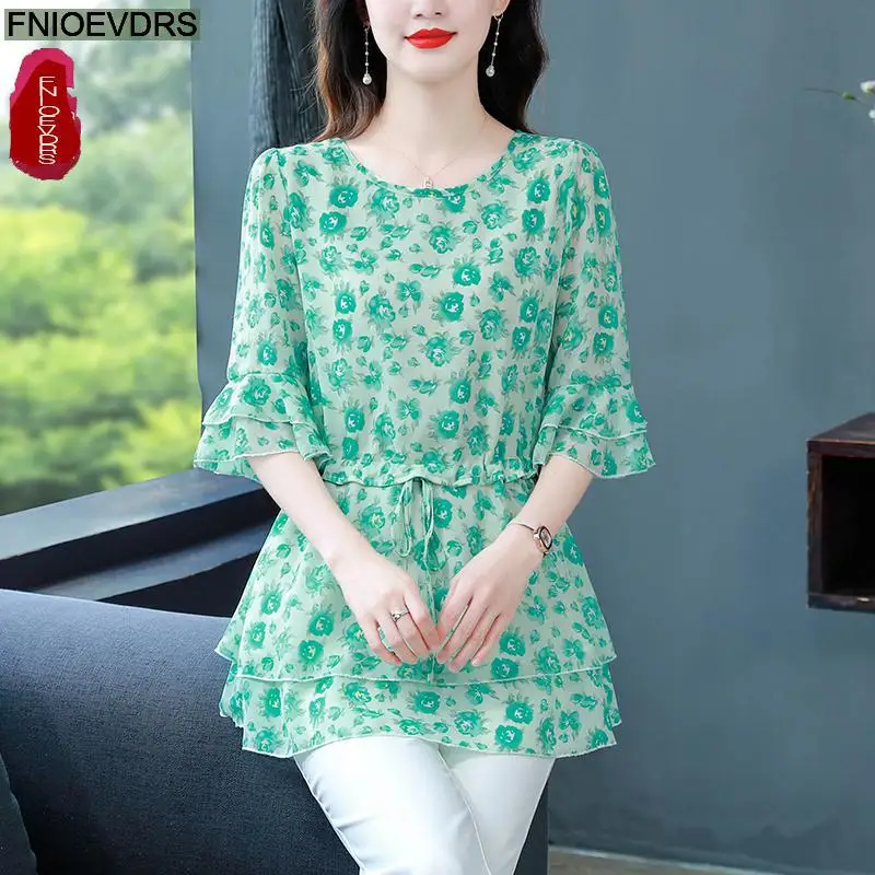 S-4XL Loose Clothes 2023 Women Summer Short Sleeve Elegant Ruffles Shirts Casual Chiffon Floral Tunic Peplum Tops And Blouses